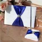 White Wedding Guest Register Book - Blue Bow & Diamante Ring  + Silver Pen & Stand